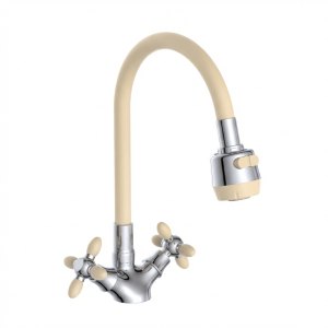 Смеситель д/кухни с 2-мя рукоятками, с силиконовым изливом, креп.гайка, бежевый Радуга 5770718 АНТЕЙ